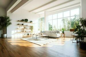 moderno appartamento interno nel vivente design con Lavorando tavolo e scaffale. lusso casa scandinavo concetto di ai generato foto