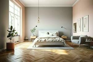 moderno Camera da letto interno design nel appartamento o Casa con arredamento. lusso Camera da letto scandinavo concetto di ai generato foto