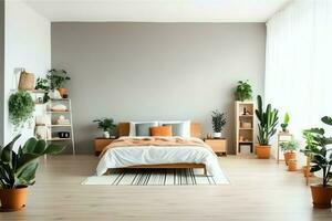 moderno Camera da letto interno design nel appartamento o Casa con arredamento. lusso Camera da letto scandinavo concetto di ai generato foto