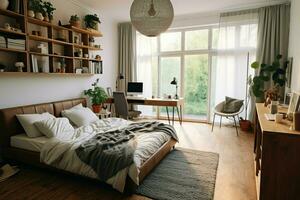 moderno Camera da letto interno design nel appartamento o Casa con arredamento. lusso Camera da letto scandinavo concetto di ai generato foto