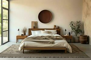 moderno Camera da letto interno design nel appartamento o Casa con arredamento. lusso Camera da letto scandinavo concetto di ai generato foto