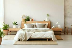 moderno Camera da letto interno design nel appartamento o Casa con arredamento. lusso Camera da letto scandinavo concetto di ai generato foto