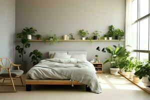 moderno Camera da letto interno design nel appartamento o Casa con arredamento. lusso Camera da letto scandinavo concetto di ai generato foto