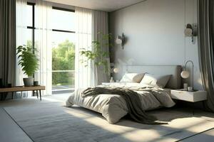 moderno Camera da letto interno design nel appartamento o Casa con arredamento. lusso Camera da letto scandinavo concetto di ai generato foto