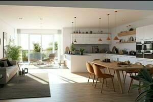 moderno cucina interno design nel appartamento o Casa con arredamento. lusso cucina casa scandinavo concetto di ai generato foto