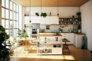 moderno cucina interno design nel appartamento o Casa con arredamento. lusso cucina casa scandinavo concetto di ai generato foto