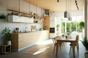 moderno cucina interno design nel appartamento o Casa con arredamento. lusso cucina casa scandinavo concetto di ai generato foto