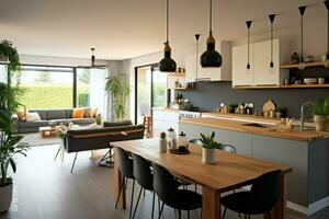 moderno cucina interno design nel appartamento o Casa con arredamento. lusso cucina casa scandinavo concetto di ai generato foto