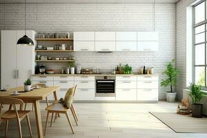 moderno cucina interno design nel appartamento o Casa con arredamento. lusso cucina casa scandinavo concetto di ai generato foto