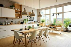 moderno cucina interno design nel appartamento o Casa con arredamento. lusso cucina casa scandinavo concetto di ai generato foto