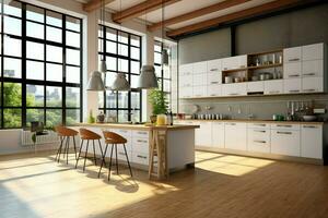 moderno cucina interno design nel appartamento o Casa con arredamento. lusso cucina casa scandinavo concetto di ai generato foto