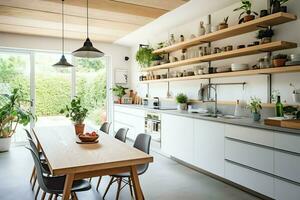 moderno cucina interno design nel appartamento o Casa con arredamento. lusso cucina casa scandinavo concetto di ai generato foto