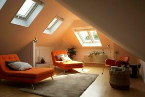 moderno abbaino soffitta conversione interno design nel appartamento o Casa a UK. lusso triangolo Attico camera concetto di ai generato foto