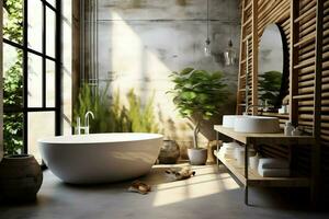 interno design di un' simpatico moderno bagno. 3d interpretazione moderno gabinetto o bagno nel Hotel o Casa concetto di ai generato foto