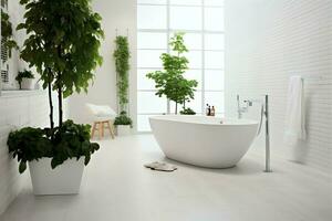 interno design di un' simpatico moderno bagno. 3d interpretazione moderno gabinetto o bagno nel Hotel o Casa concetto di ai generato foto