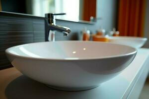 moderno pubblico bagno con riga di bianca ceramica lavare Lavello bacini e rubinetto con specchio nel toilette concetto di ai generato foto