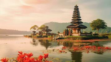 antico pura ulun danu bratano, besakih o famoso indù tempio e turista nel bali isola a Alba concetto di ai generato foto