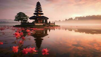 antico pura ulun danu bratano, besakih o famoso indù tempio e turista nel bali isola a Alba concetto di ai generato foto