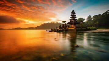 antico pura ulun danu bratano, besakih o famoso indù tempio e turista nel bali isola a Alba concetto di ai generato foto