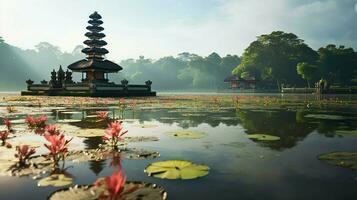 antico pura ulun danu bratano, besakih o famoso indù tempio e turista nel bali isola a Alba concetto di ai generato foto