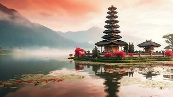 antico pura ulun danu bratano, besakih o famoso indù tempio e turista nel bali isola a Alba concetto di ai generato foto