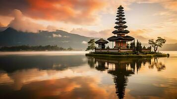 antico pura ulun danu bratano, besakih o famoso indù tempio e turista nel bali isola a Alba concetto di ai generato foto