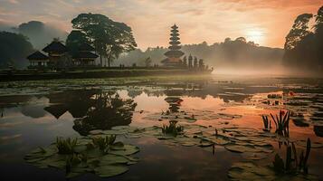 antico pura ulun danu bratano, besakih o famoso indù tempio e turista nel bali isola a Alba concetto di ai generato foto