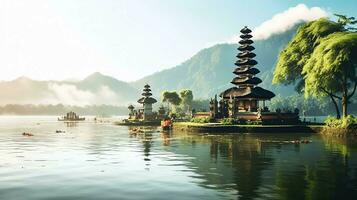 antico pura ulun danu bratano, besakih o famoso indù tempio e turista nel bali isola a Alba concetto di ai generato foto