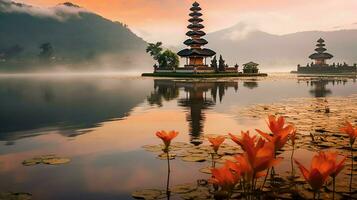 antico pura ulun danu bratano, besakih o famoso indù tempio e turista nel bali isola a Alba concetto di ai generato foto