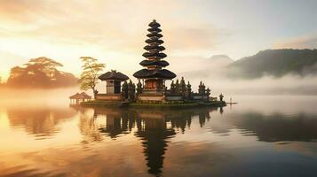 antico pura ulun danu bratano, besakih o famoso indù tempio e turista nel bali isola a Alba concetto di ai generato foto