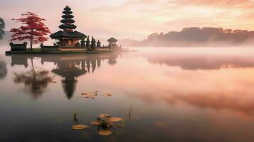 antico pura ulun danu bratano, besakih o famoso indù tempio e turista nel bali isola a Alba concetto di ai generato foto