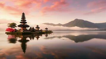 antico pura ulun danu bratano, besakih o famoso indù tempio e turista nel bali isola a Alba concetto di ai generato foto