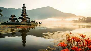 antico pura ulun danu bratano, besakih o famoso indù tempio e turista nel bali isola a Alba concetto di ai generato foto