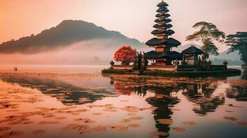 antico pura ulun danu bratano, besakih o famoso indù tempio e turista nel bali isola a Alba concetto di ai generato foto