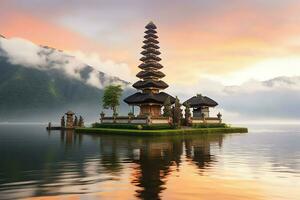 antico pura ulun danu bratano, besakih o famoso indù tempio e turista nel bali isola a Alba concetto di ai generato foto