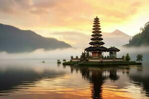 antico pura ulun danu bratano, besakih o famoso indù tempio e turista nel bali isola a Alba concetto di ai generato foto