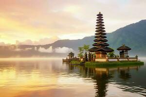 antico pura ulun danu bratano, besakih o famoso indù tempio e turista nel bali isola a Alba concetto di ai generato foto