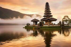 antico pura ulun danu bratano, besakih o famoso indù tempio e turista nel bali isola a Alba concetto di ai generato foto