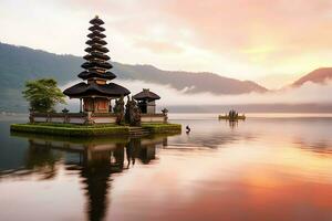 antico pura ulun danu bratano, besakih o famoso indù tempio e turista nel bali isola a Alba concetto di ai generato foto