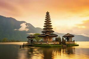 antico pura ulun danu bratano, besakih o famoso indù tempio e turista nel bali isola a Alba concetto di ai generato foto