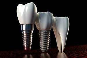 vicino su di un' dentale dente impiantare o salutare umano denti. bianca smalto e dentale impianti chirurgia concetto di ai generato foto