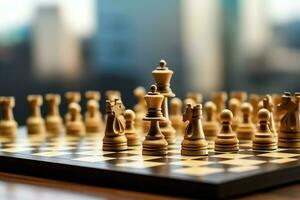 scacchiera con attività commerciale strategia, tattica e concorrenza di un' scacchi gioco. attività commerciale e comando concetto di ai generato foto