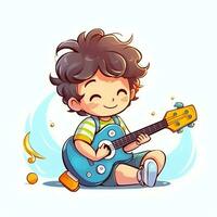 carino ragazzo giocando chitarra e ascoltando per musica con cuffia nel cartone animato stile. gioventù giorno o musica giorno concetto di ai generato foto