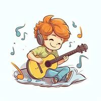 carino ragazzo giocando chitarra e ascoltando per musica con cuffia nel cartone animato stile. gioventù giorno o musica giorno concetto di ai generato foto