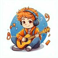 carino ragazzo giocando chitarra e ascoltando per musica con cuffia nel cartone animato stile. gioventù giorno o musica giorno concetto di ai generato foto