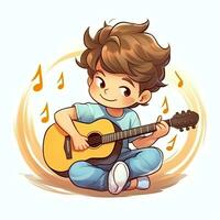 carino ragazzo giocando chitarra e ascoltando per musica con cuffia nel cartone animato stile. gioventù giorno o musica giorno concetto di ai generato foto