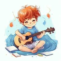 carino ragazzo giocando chitarra e ascoltando per musica con cuffia nel cartone animato stile. gioventù giorno o musica giorno concetto di ai generato foto