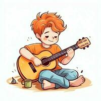 carino ragazzo giocando chitarra e ascoltando per musica con cuffia nel cartone animato stile. gioventù giorno o musica giorno concetto di ai generato foto