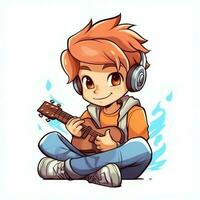 carino ragazzo giocando chitarra e ascoltando per musica con cuffia nel cartone animato stile. gioventù giorno o musica giorno concetto di ai generato foto