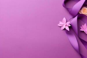 rosa o viola nastro come Seno cancro o epilessia consapevolezza simbolo e copia spazio. mondo cancro giorno concetto di ai generato foto